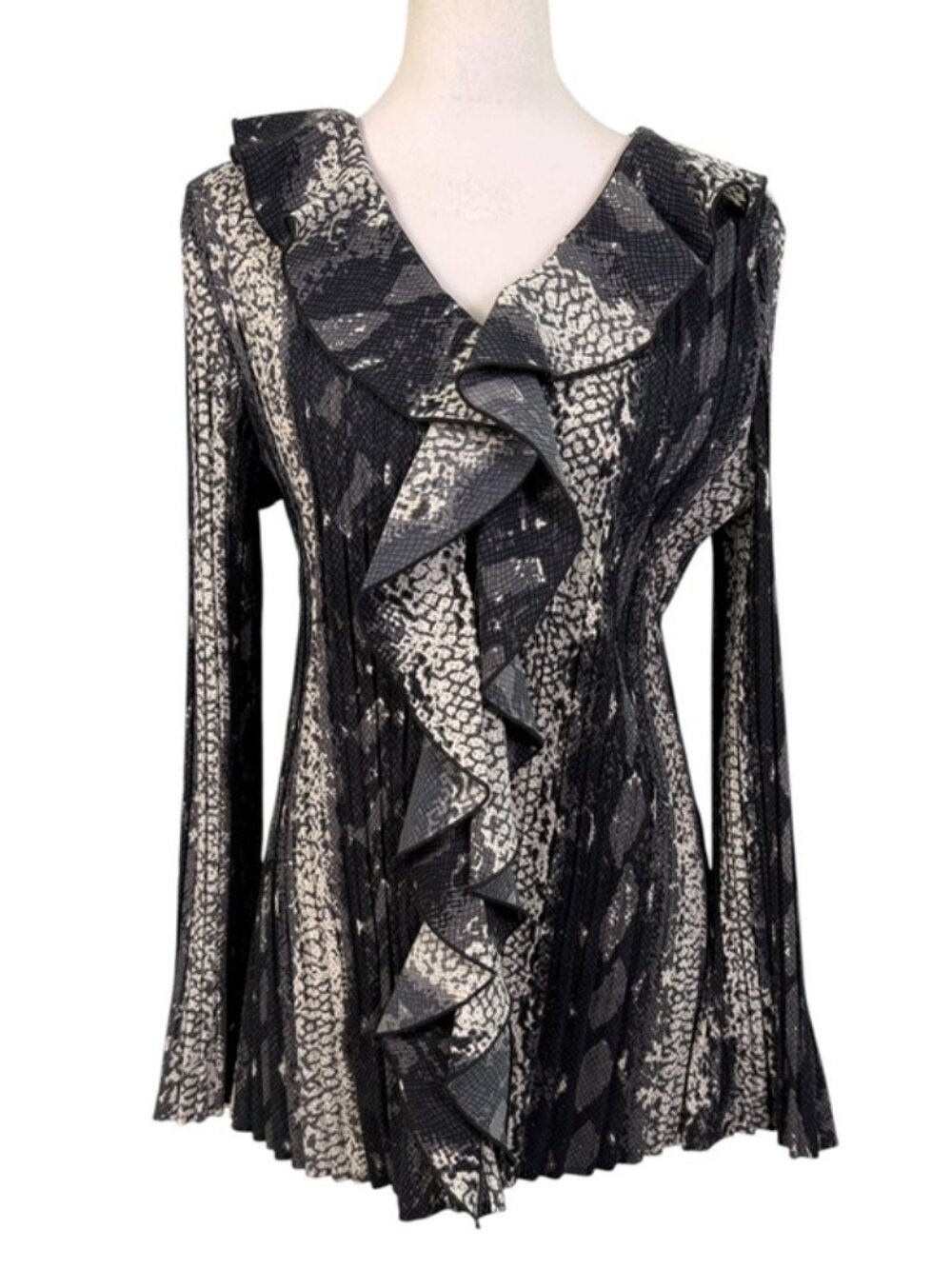 Fred David Stretch Snakeskin Print Ruffle Blouse Large Black Gray Ivory - Picture 2 of 10
